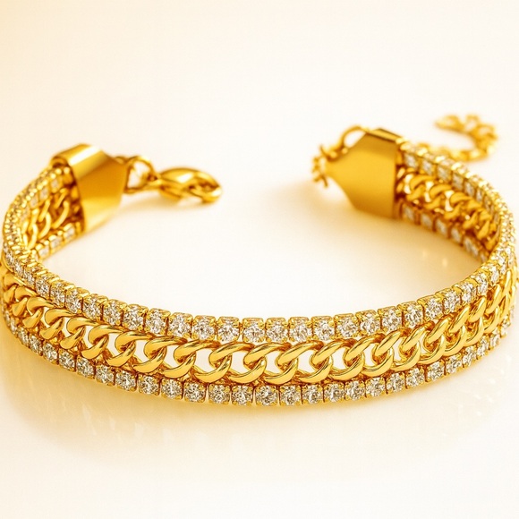NEW 18K GOLD PLATED STACKED BRACELET – TENNIS + CUBAN CHAIN DUO - Picture 1 of 6